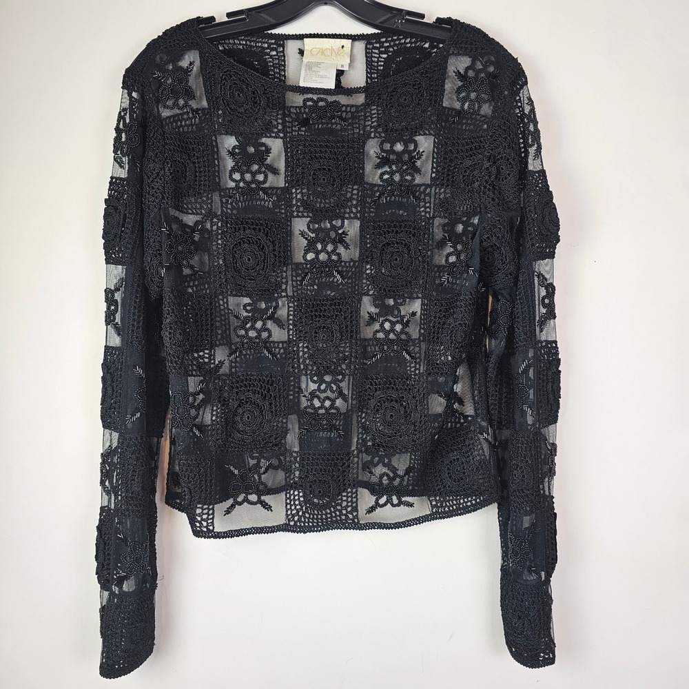 Cache Vintage Beaded Crochet Mesh Patchwork Top Black Long Sleeve Size 8 N52C04U